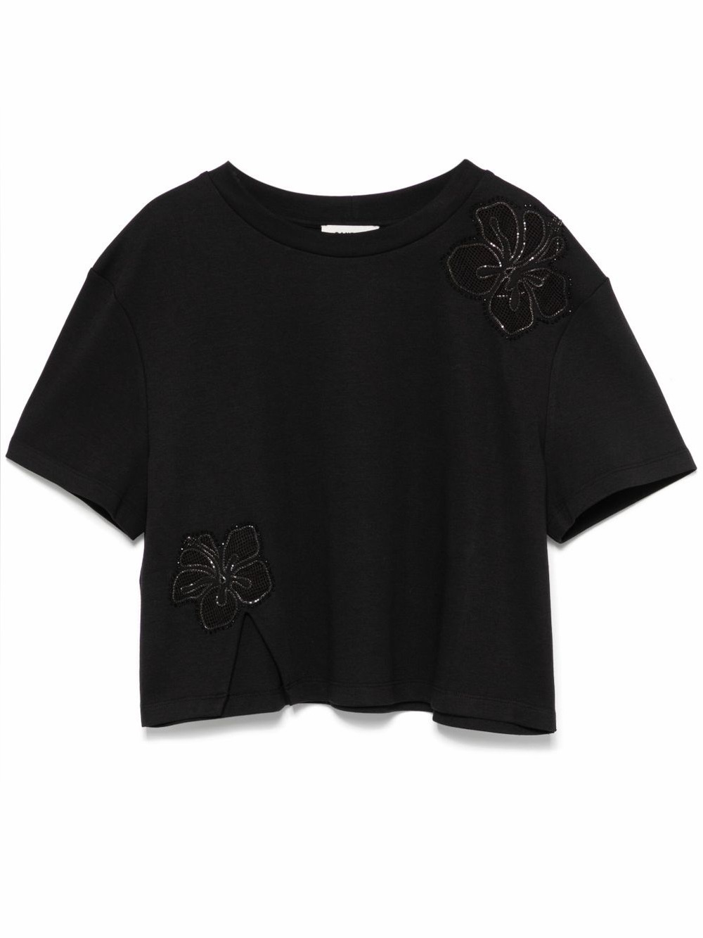 Sandro Floral Rhinestone Embellished Cropped T-Shirt Size 2 Black Short Sleeve